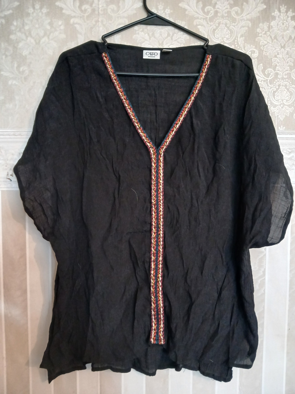 Cato Black V-Neck Tunic with Multicolor Braided Trim